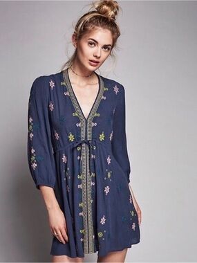 Free People Stargazer Mini Dress Size S Blue Embroidered Boho Tunic Cottagecore